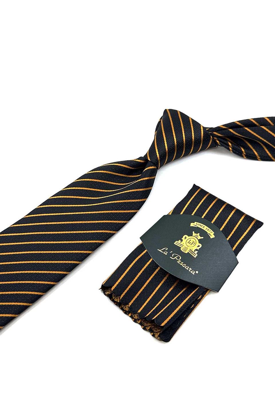 Siyah - Turuncu Çizgi Desen Mendilli Klasik Kravat KK12331