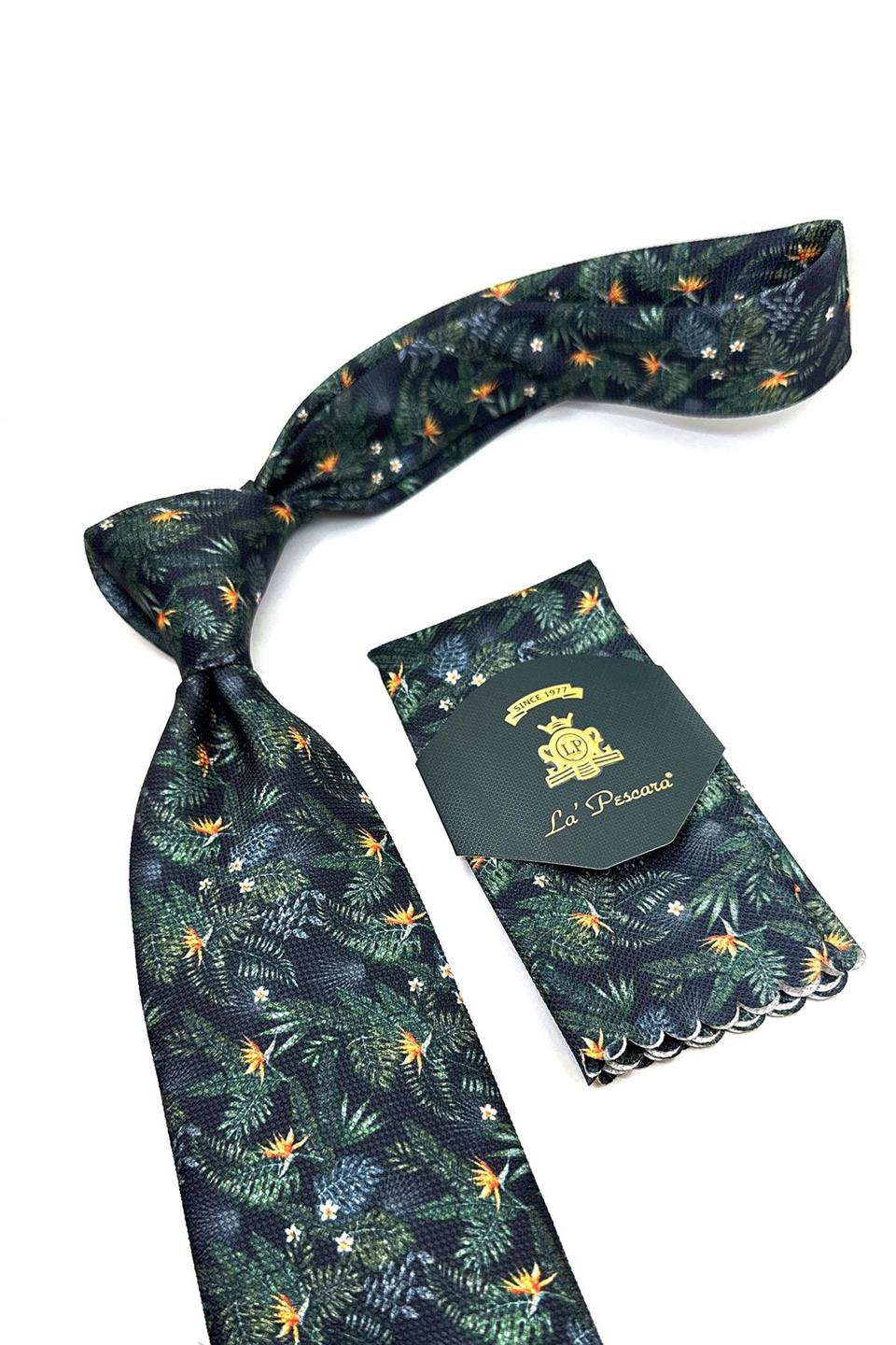 Siyah - Yeşil Çiçek Desen Mendilli Klasik Kravat KK11451