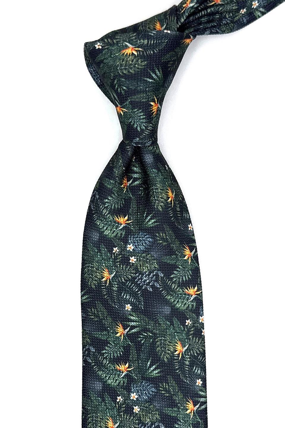 Siyah - Yeşil Çiçek Desen Mendilli Klasik Kravat KK11451