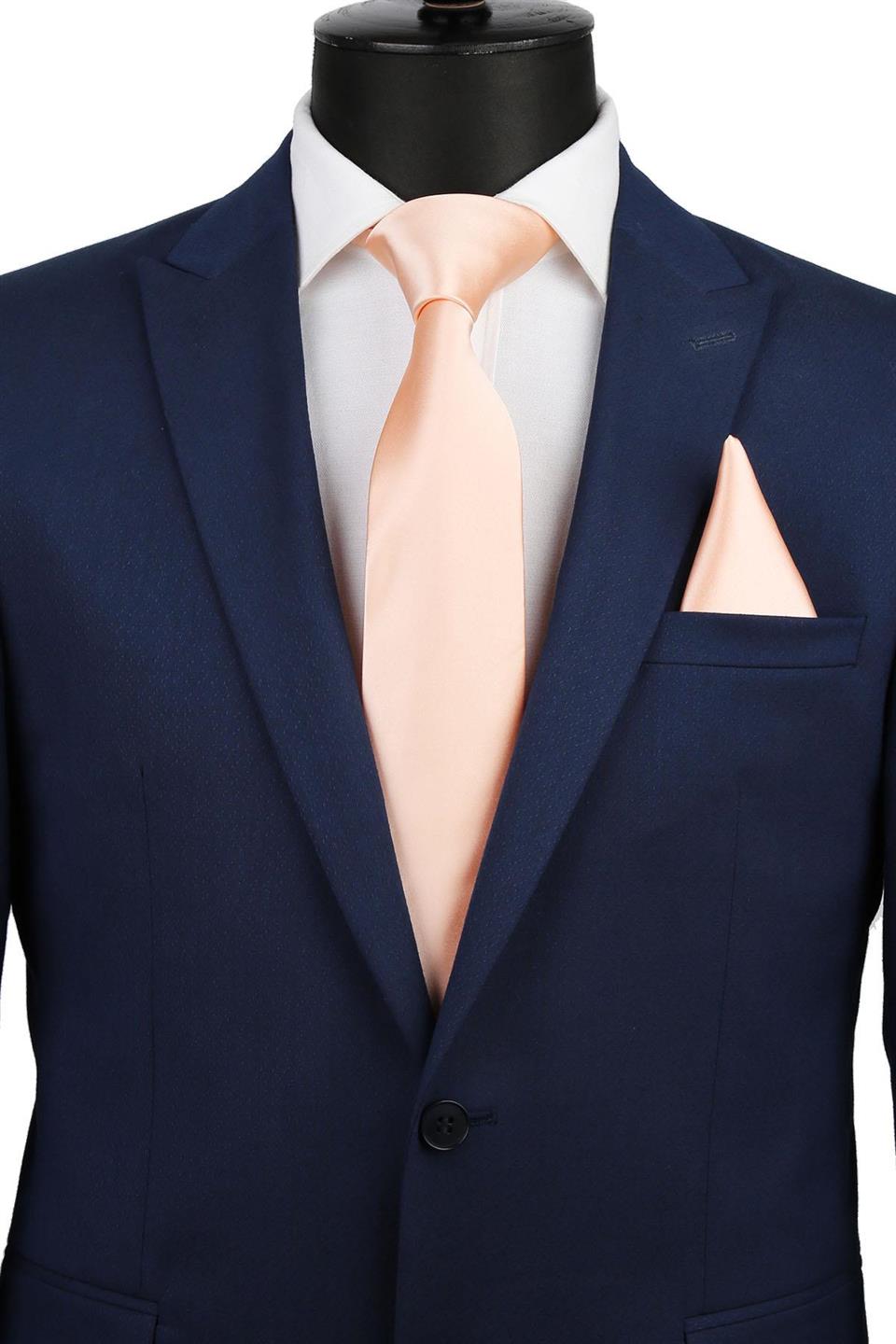 Somon Renk Mendilli Düz Saten Kravat KK1139