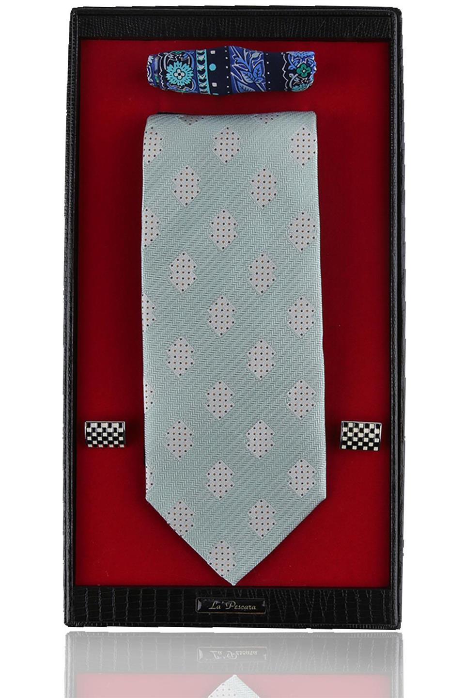 Su Yeşili İtalyan İpek Kravat Mendil Kol Düğmesi Sevgililer Günü Hediyesi SKS66