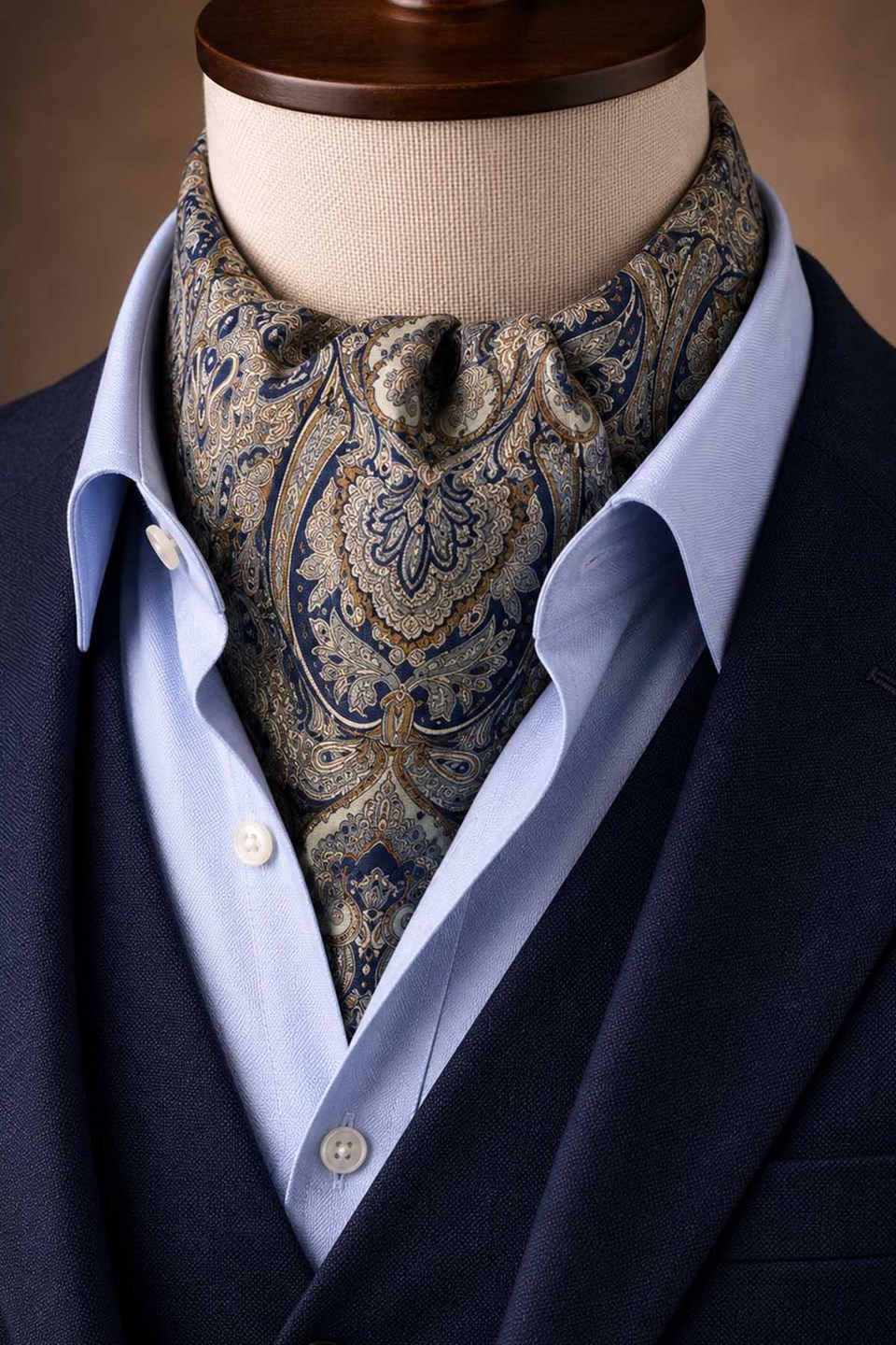 Su Yeşili Lacivert Şal Desen İtalyan İpek Ascot Kravat SAC69