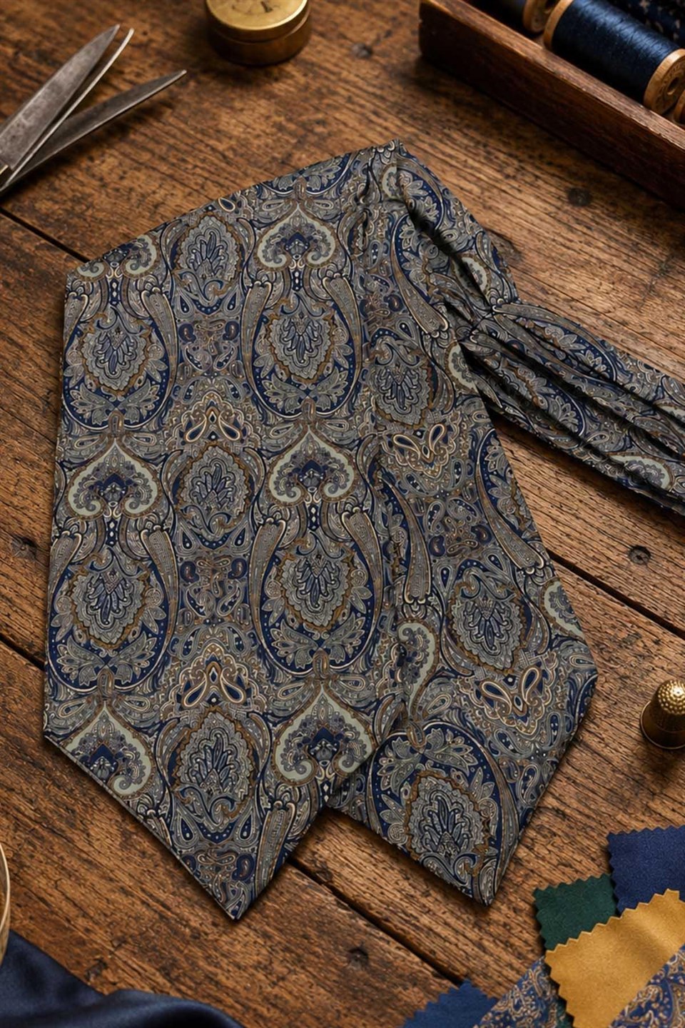 Su Yeşili Lacivert Şal Desen İtalyan İpek Ascot Kravat SAC69