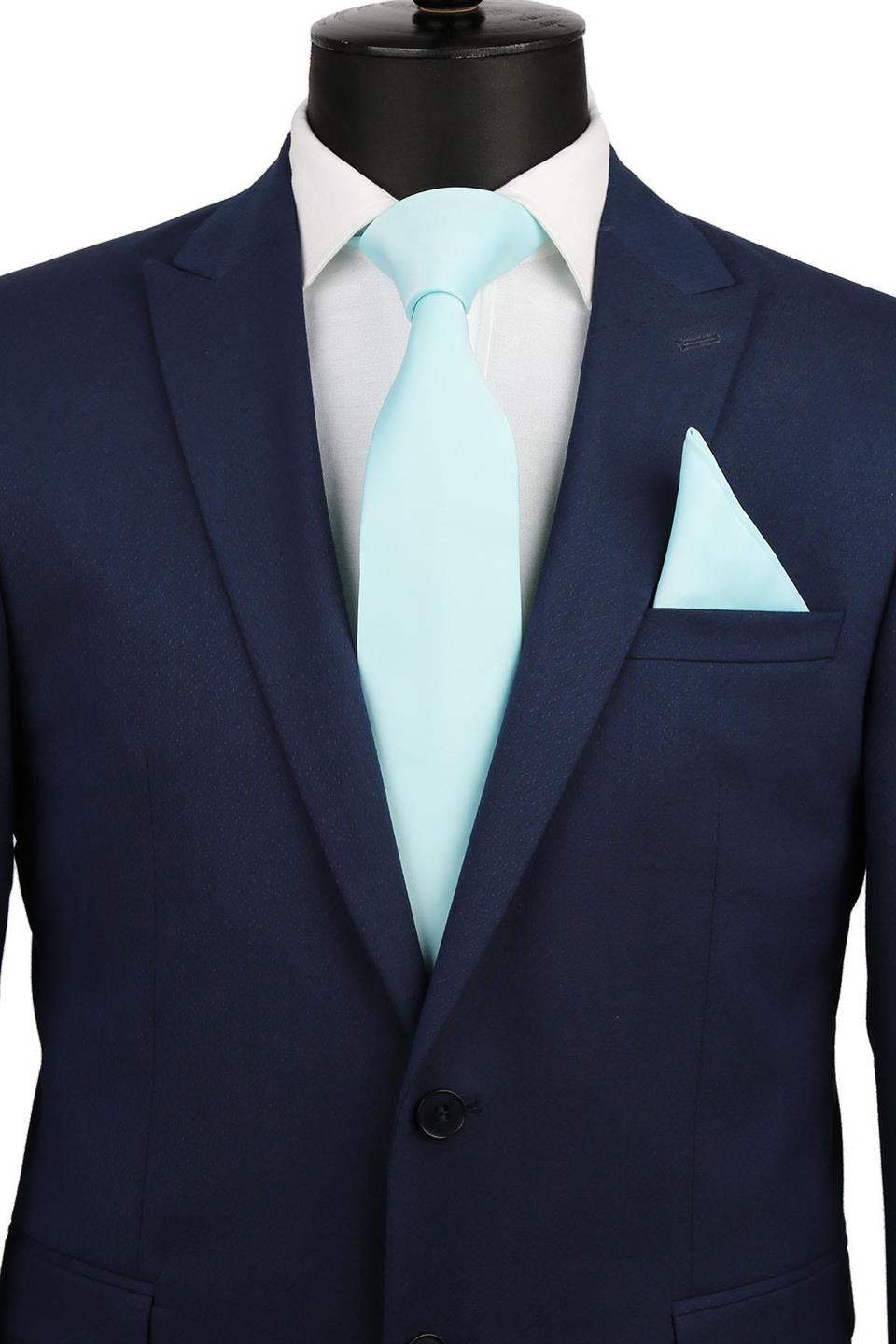 Su Yeşili Mendilli Düz Saten Kravat KK1141