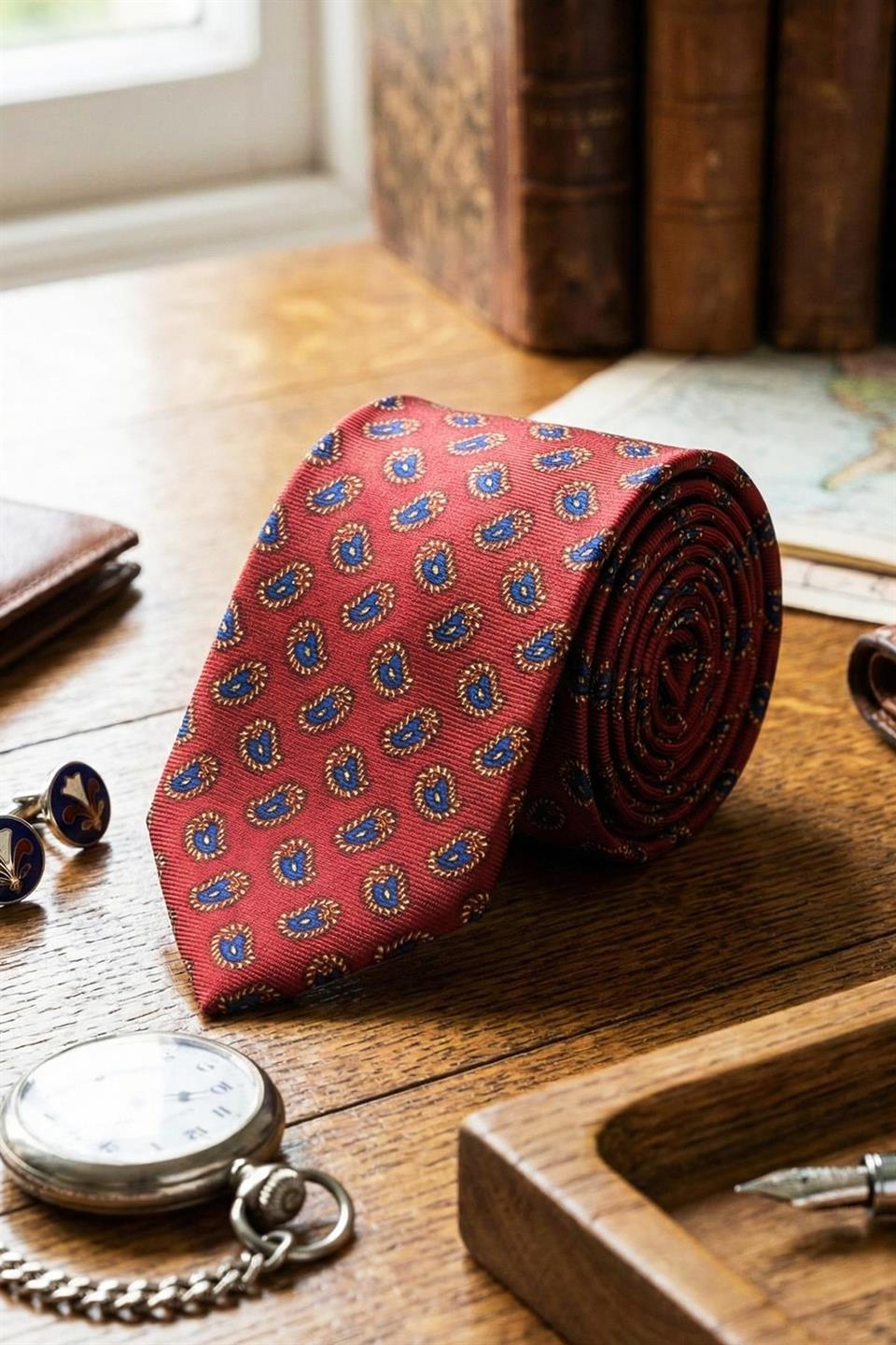 Tresa Style Bordo Şal Desen İtalyan İpek Kravat İK2218