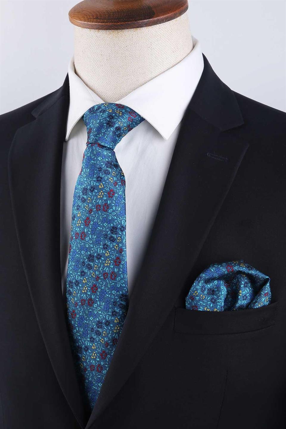 Turkuaz Çiçek Desen Mendilli Klasik Kravat KK13156