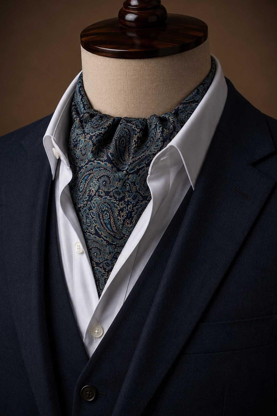 Turkuaz Lacivert Şal Desen İtalyan İpek Ascot Kravat SAC82