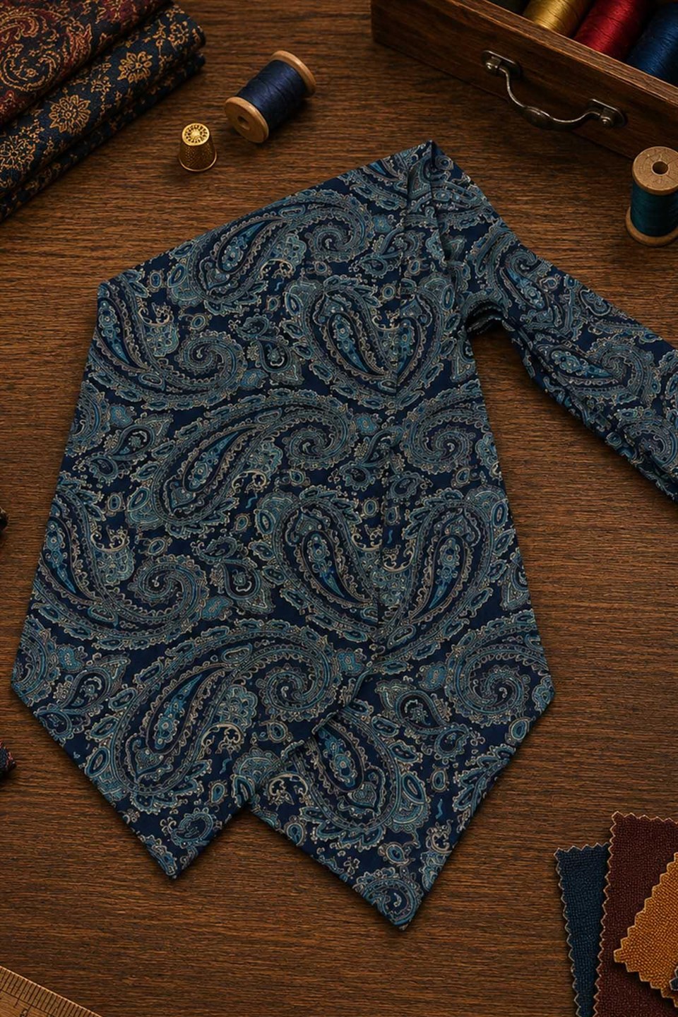 Turkuaz Lacivert Şal Desen İtalyan İpek Ascot Kravat SAC82