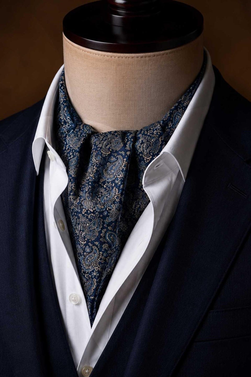 Turkuaz Lacivert Şal Desen İtalyan İpek Ascot Kravat SAC96