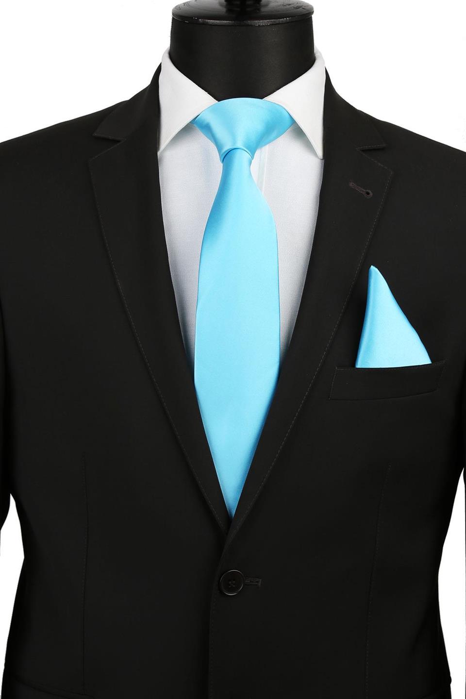 Turkuaz Mendilli Düz Saten Kravat KK1129