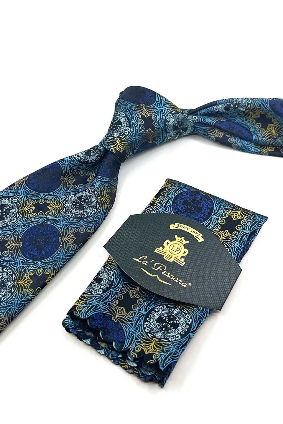 Turkuaz Sarı Motif Desen Mendilli Klasik Kravat KK13726