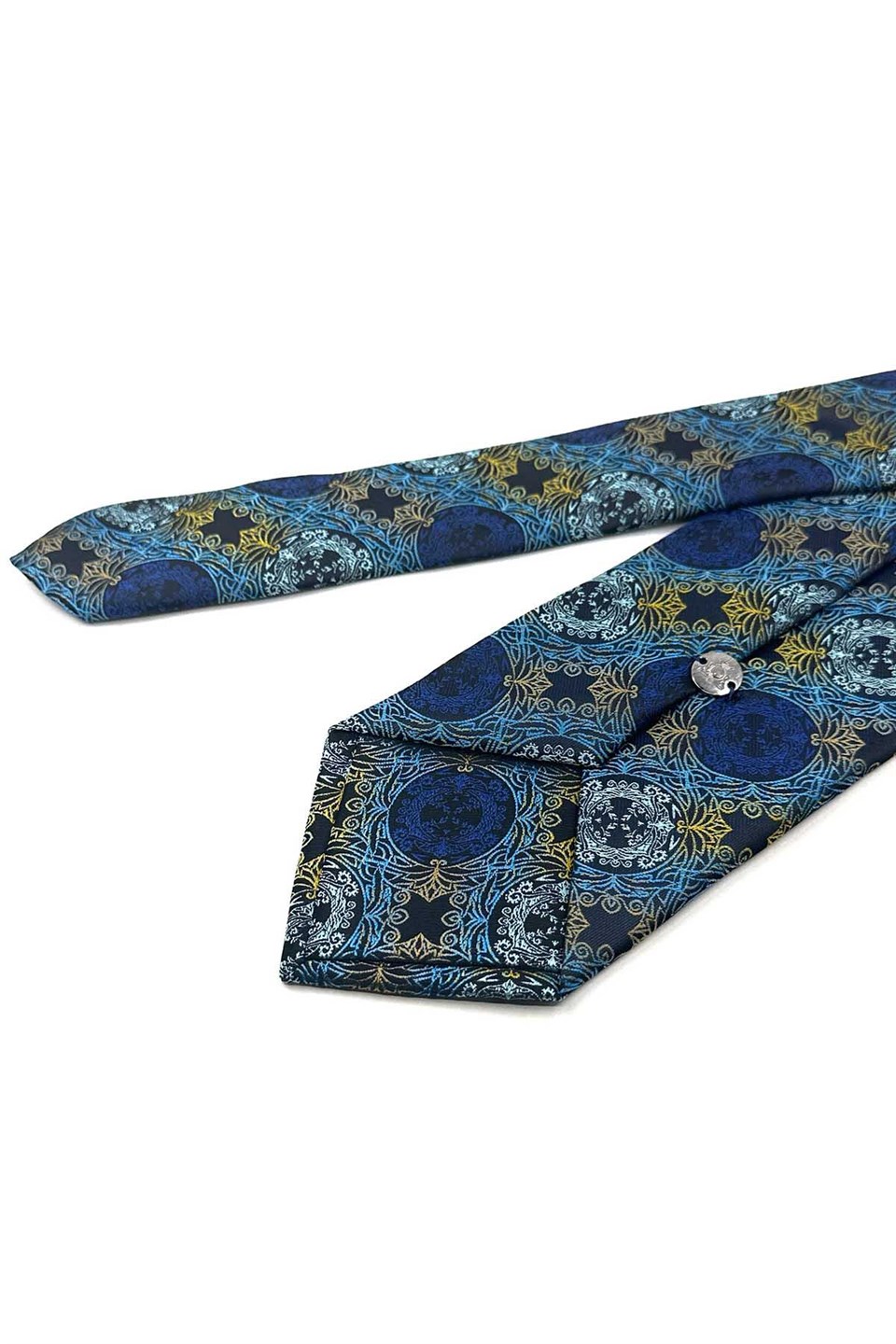 Turkuaz Sarı Motif Desen Mendilli Klasik Kravat KK13726