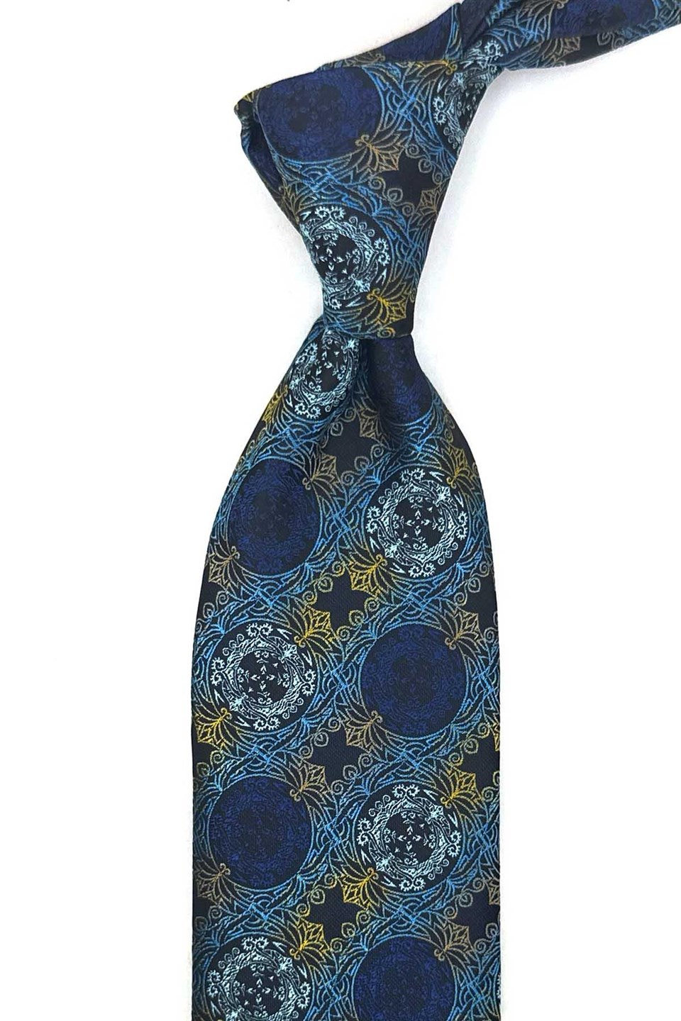 Turkuaz Sarı Motif Desen Mendilli Klasik Kravat KK13726