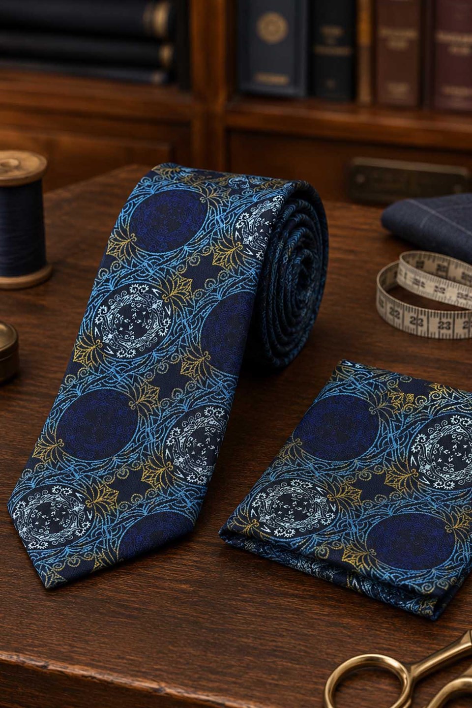 Turkuaz Sarı Motif Desen Mendilli Klasik Kravat KK13726
