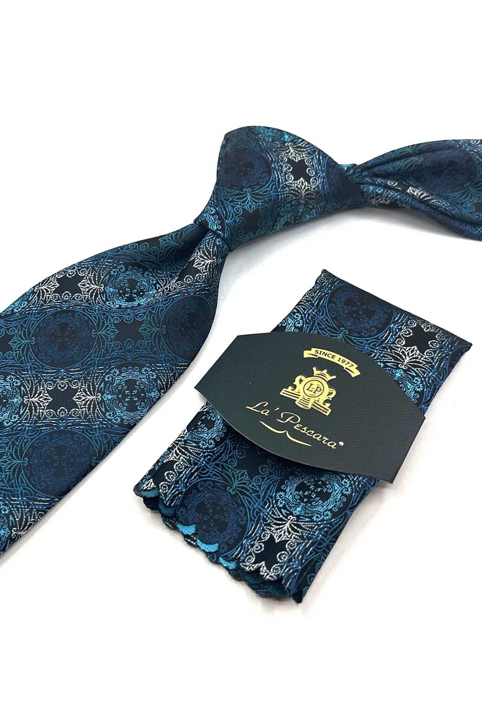 Turkuaz Siyah Motif Desen Mendilli Klasik Kravat KK13728