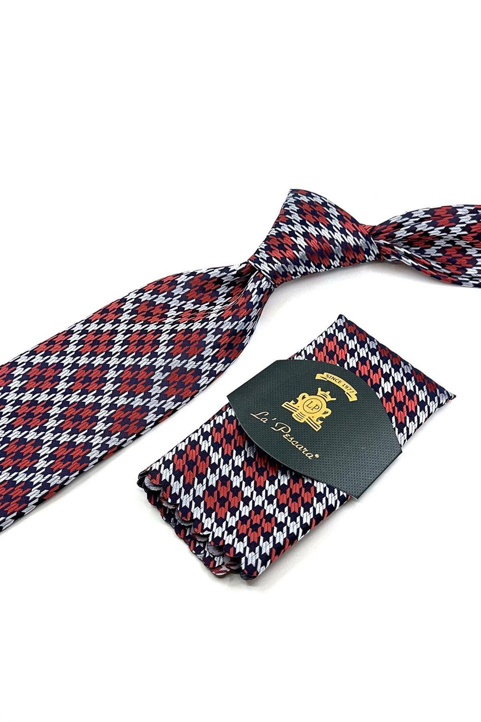 Turuncu - Beyaz Motif Desen Mendilli Klasik Kravat KK12029