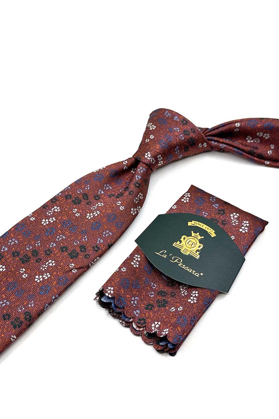 Turuncu Çiçek Desen Mendilli Klasik Kravat KK13157