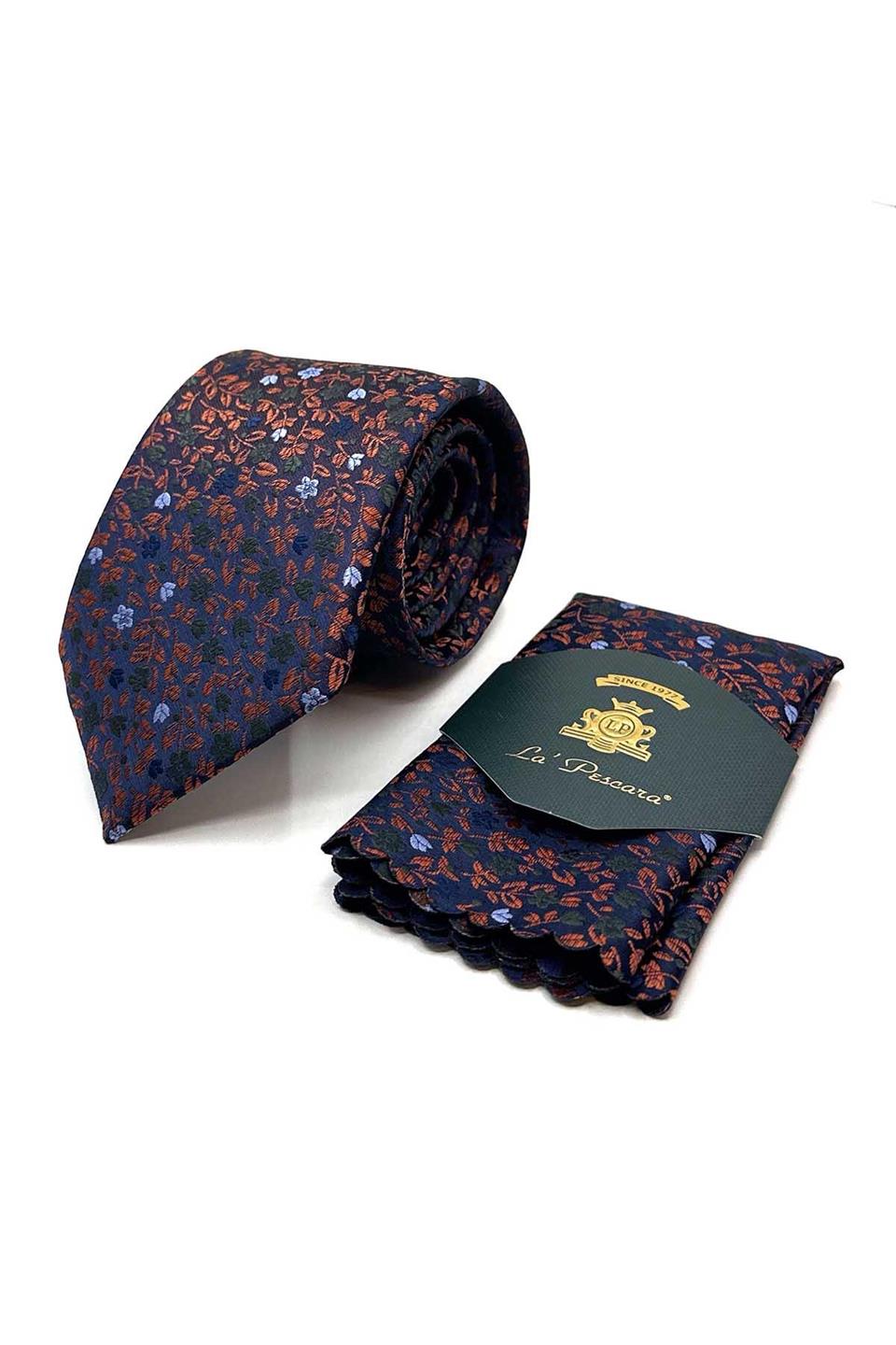 Turuncu Çiçek Desen Mendilli Klasik Kravat KK12979