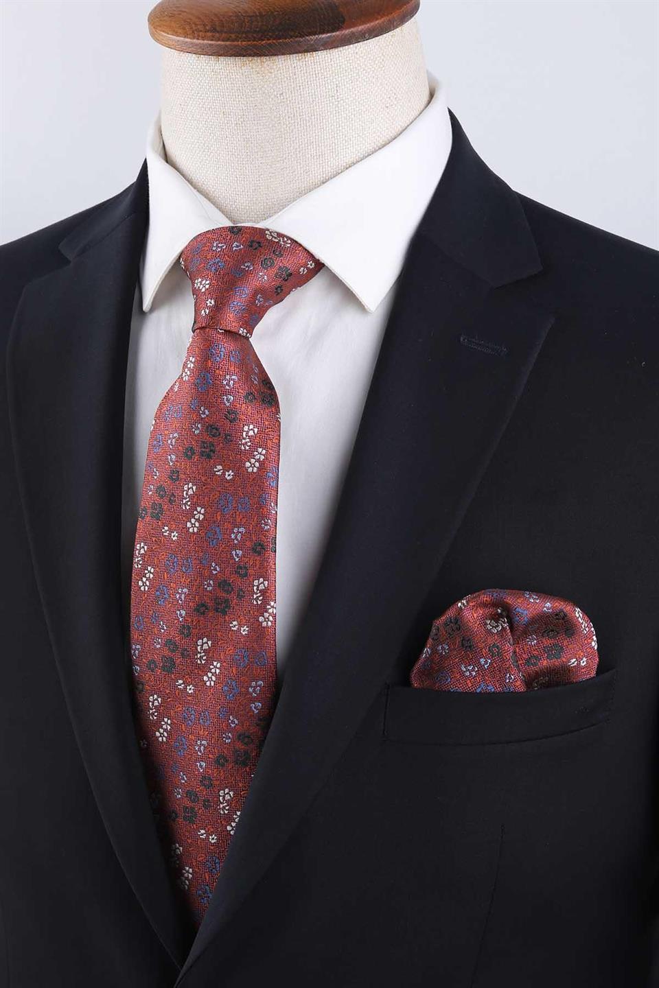 Turuncu Çiçek Desen Mendilli Klasik Kravat KK13157