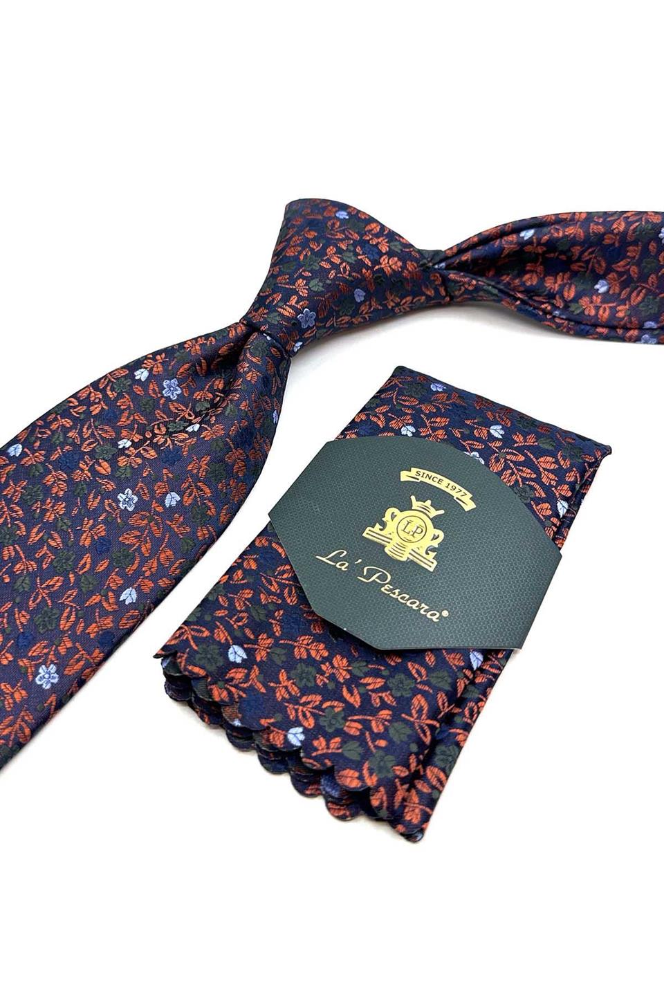 Turuncu Çiçek Desen Mendilli Klasik Kravat KK12979