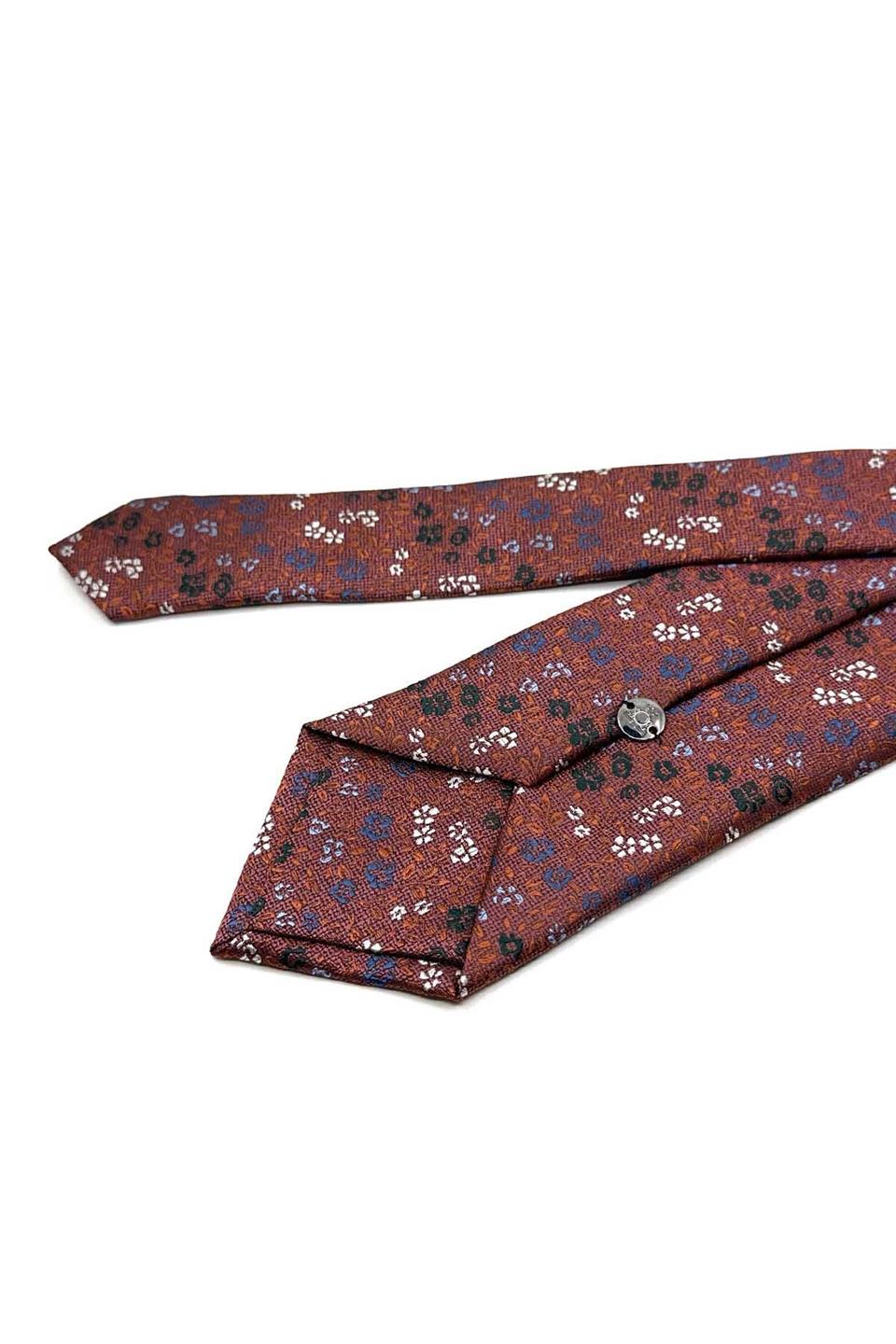 Turuncu Çiçek Desen Mendilli Klasik Kravat KK13157
