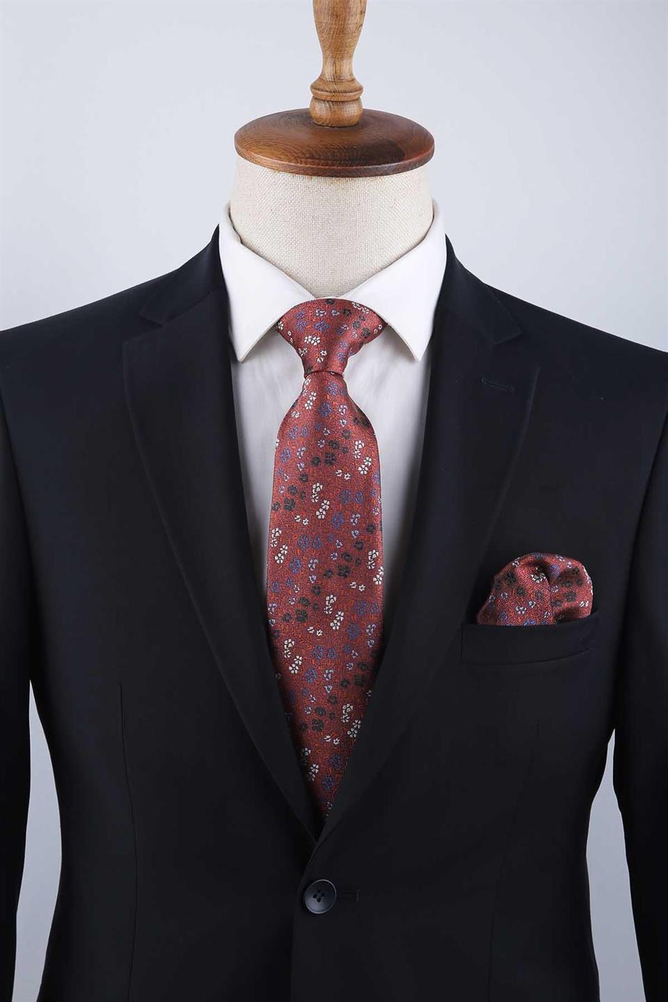 Turuncu Çiçek Desen Mendilli Klasik Kravat KK13157