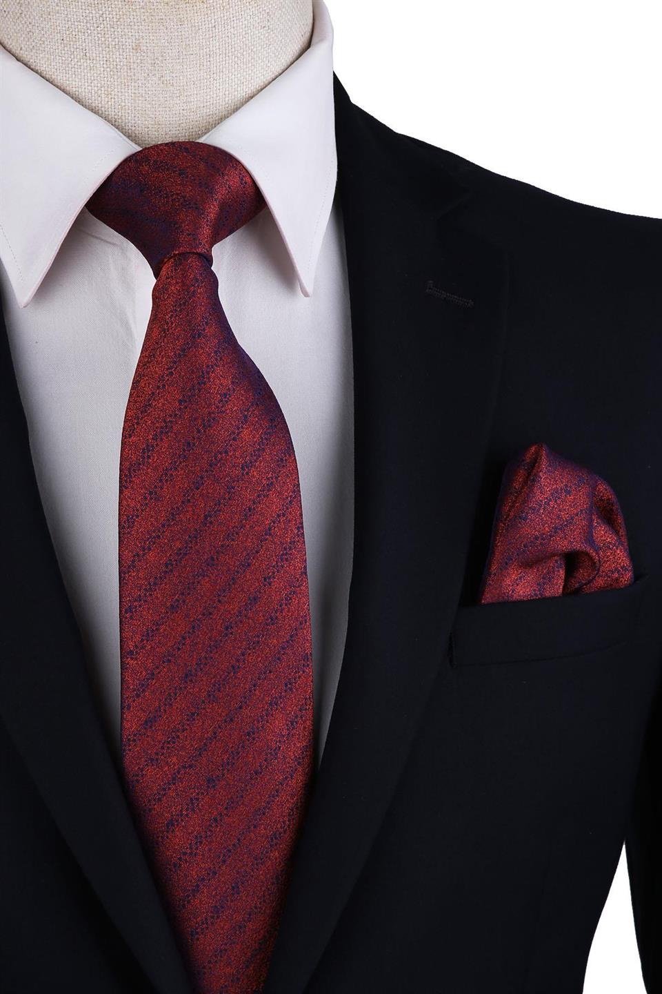 Turuncu Çizgi Desen Mendilli Klasik Kravat KK10349