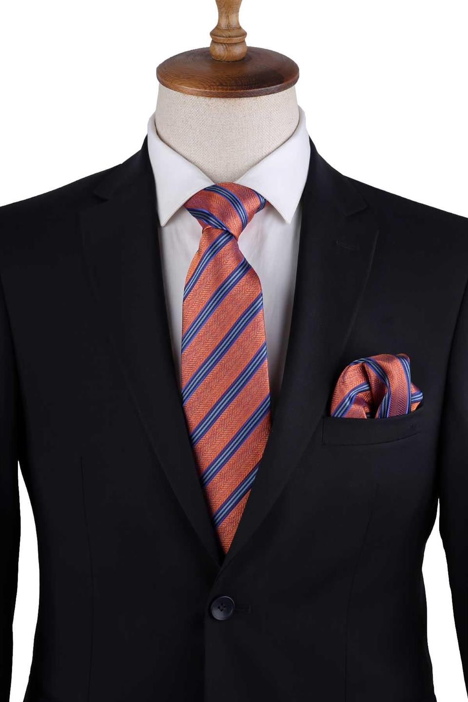 Turuncu Çizgi Desen Mendilli Klasik Kravat KK13193