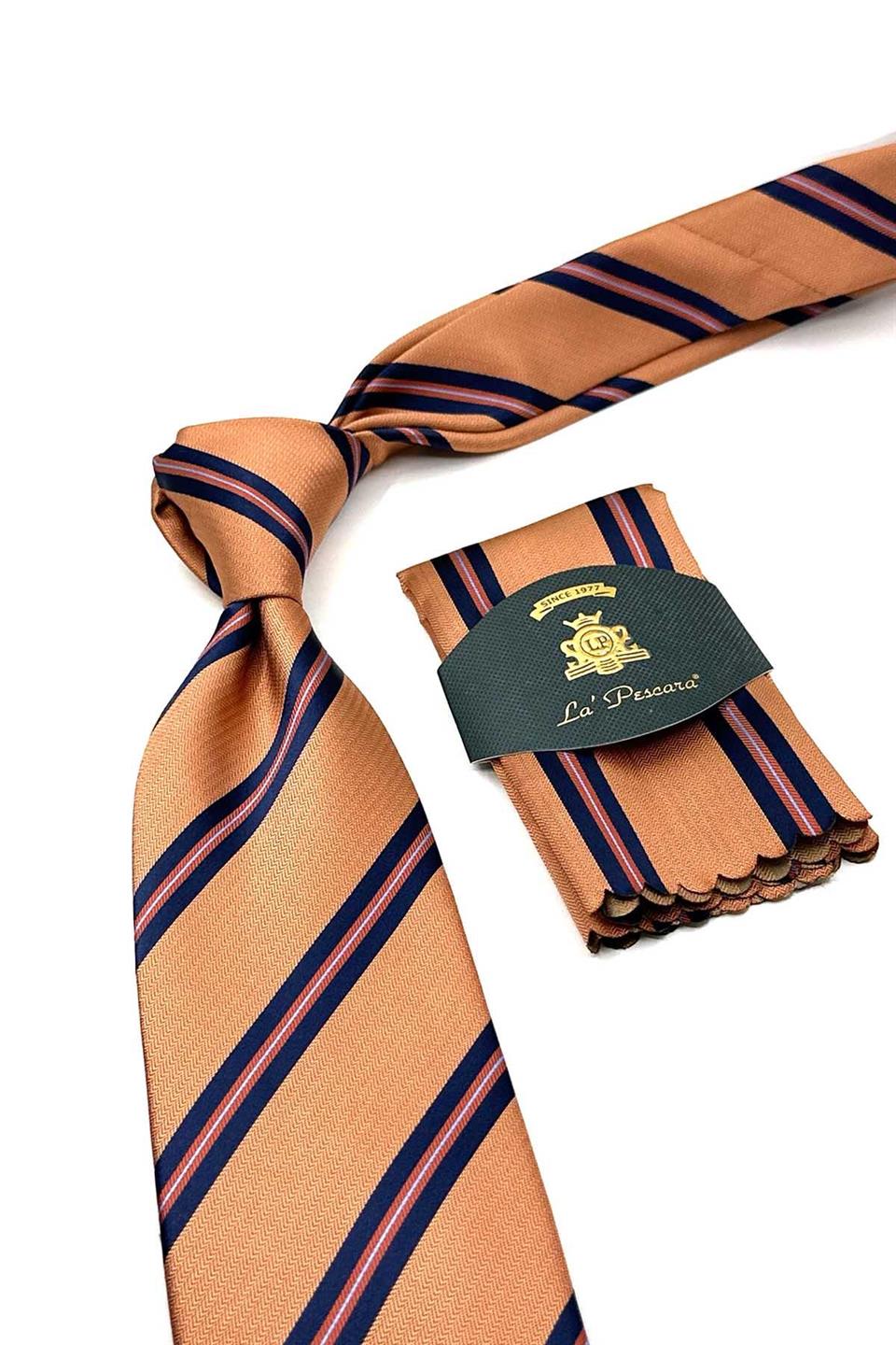 Turuncu Çizgi Desen Mendilli Klasik Kravat KK12827