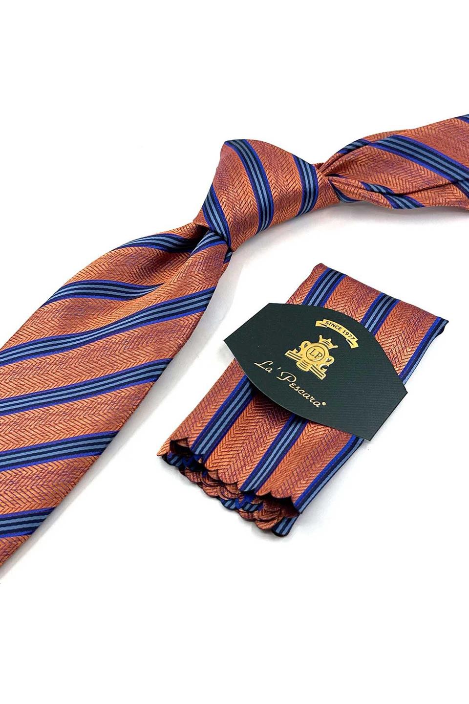 Turuncu Çizgi Desen Mendilli Klasik Kravat KK13193