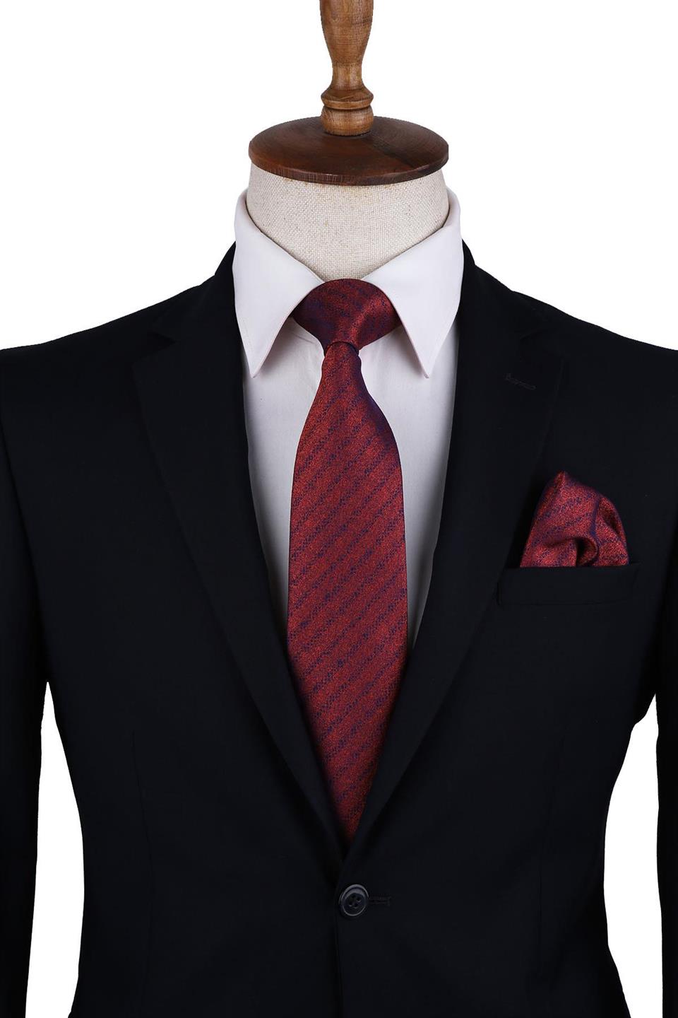 Turuncu Çizgi Desen Mendilli Klasik Kravat KK10349