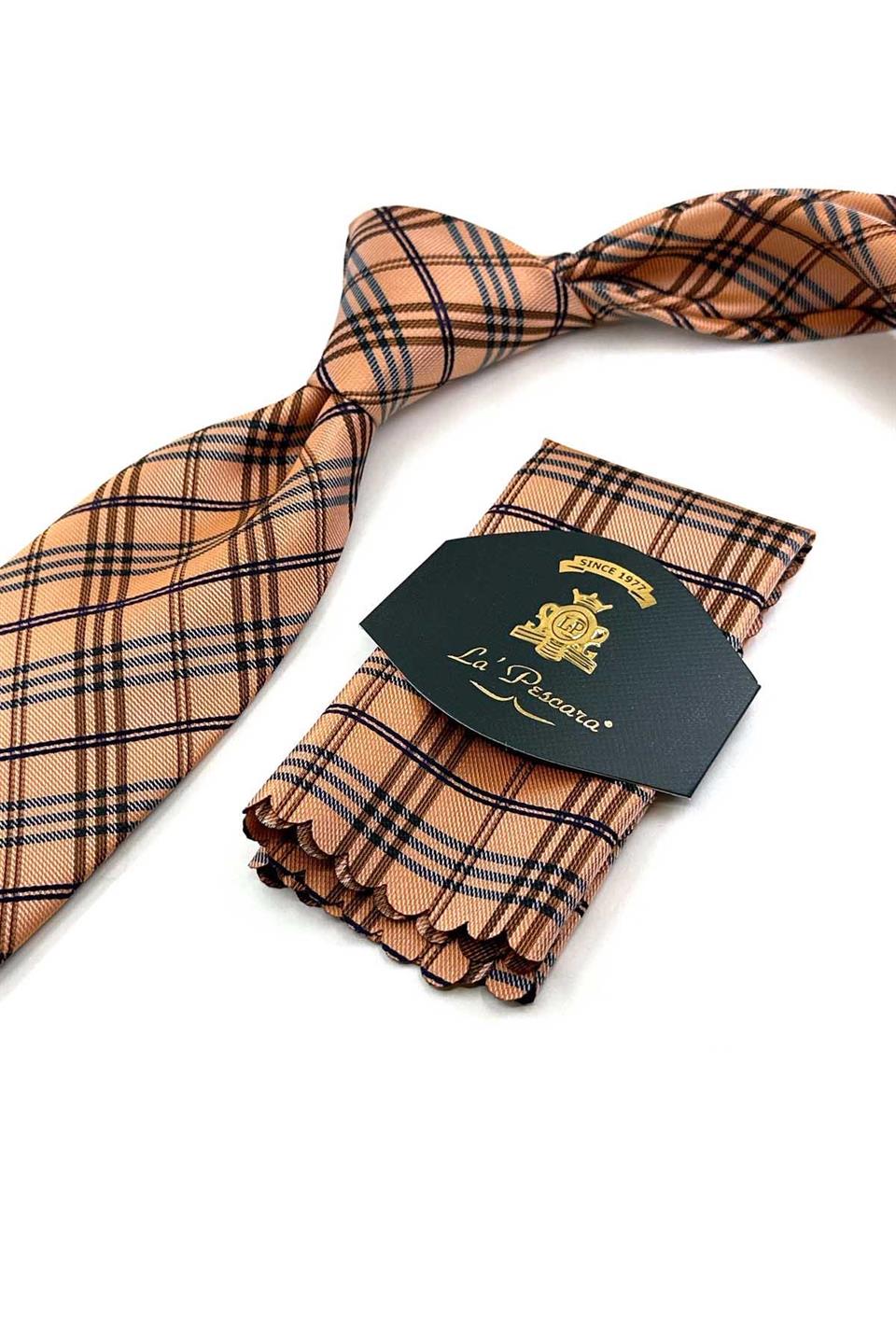 Turuncu Ekose Desen Mendilli Klasik Kravat KK13200