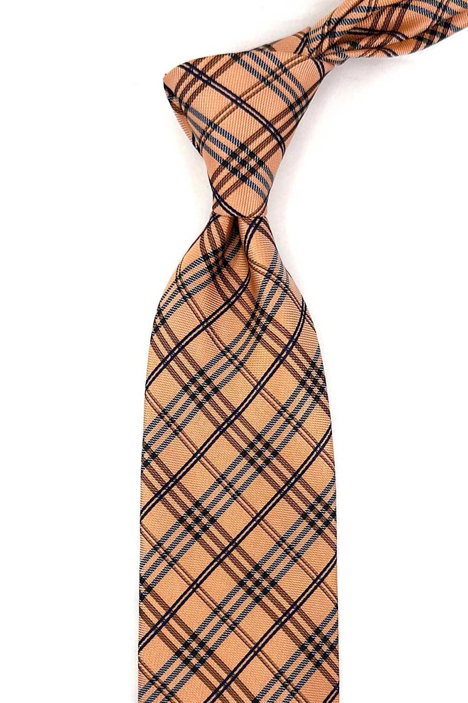 Turuncu Ekose Desen Mendilli Klasik Kravat KK13200
