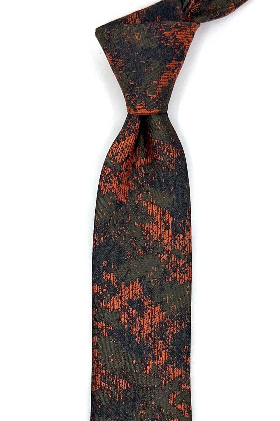 Turuncu - Haki Motif Desen İnce Kravat SK8068
