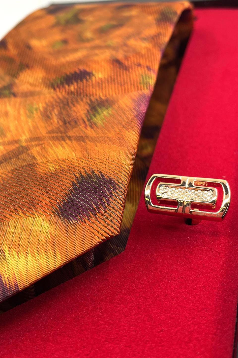 Turuncu İtalyan İpek Kravat Çelik Kol Düğmesi Erkek Hediye Seti SKS16