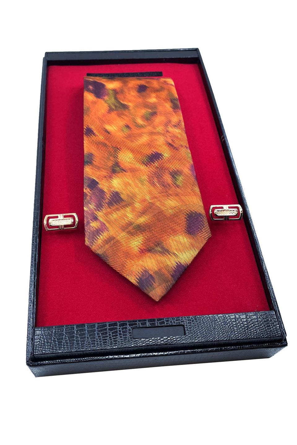 Turuncu İtalyan İpek Kravat Çelik Kol Düğmesi Erkek Hediye Seti SKS16
