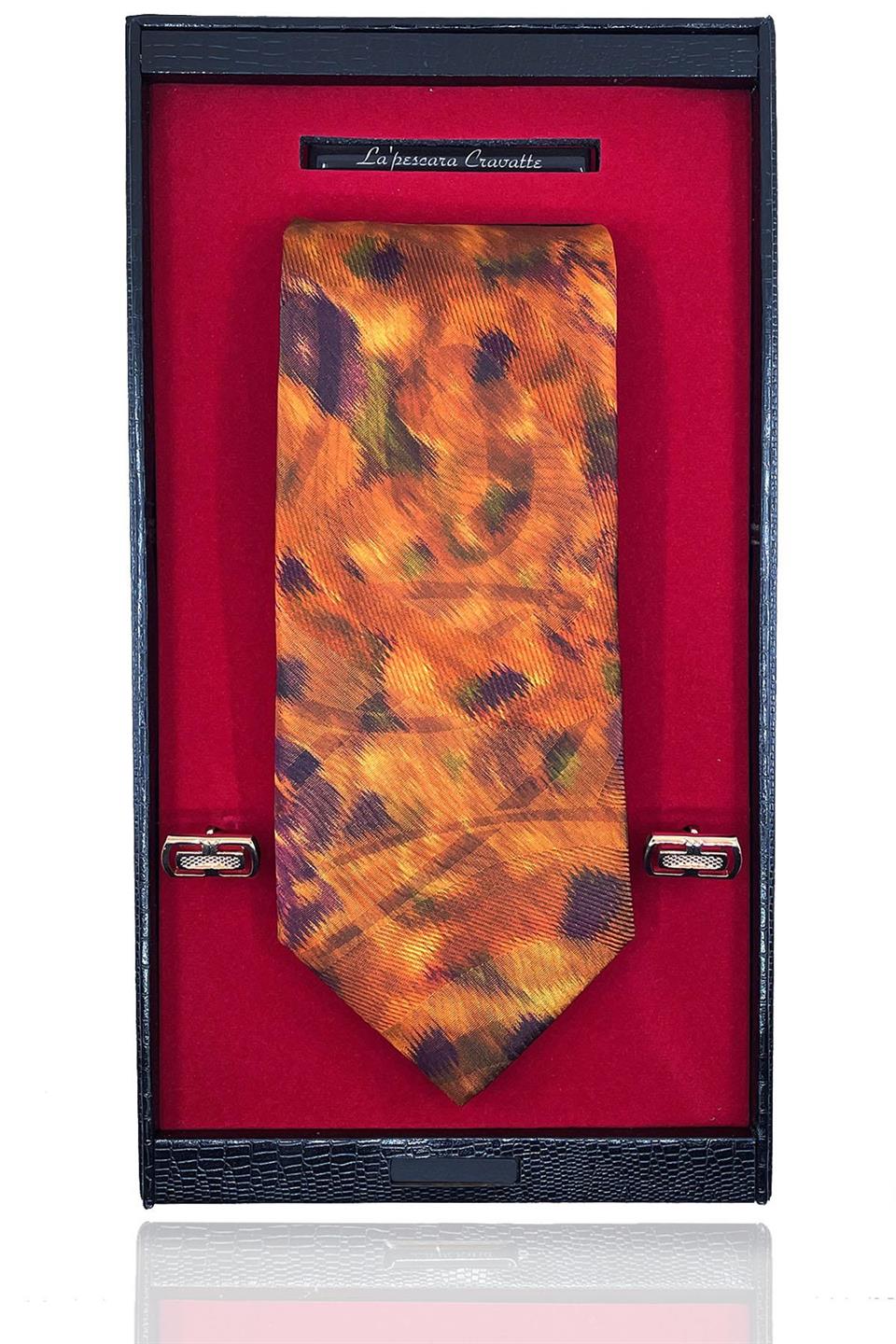 Turuncu İtalyan İpek Kravat Çelik Kol Düğmesi Erkek Hediye Seti SKS16