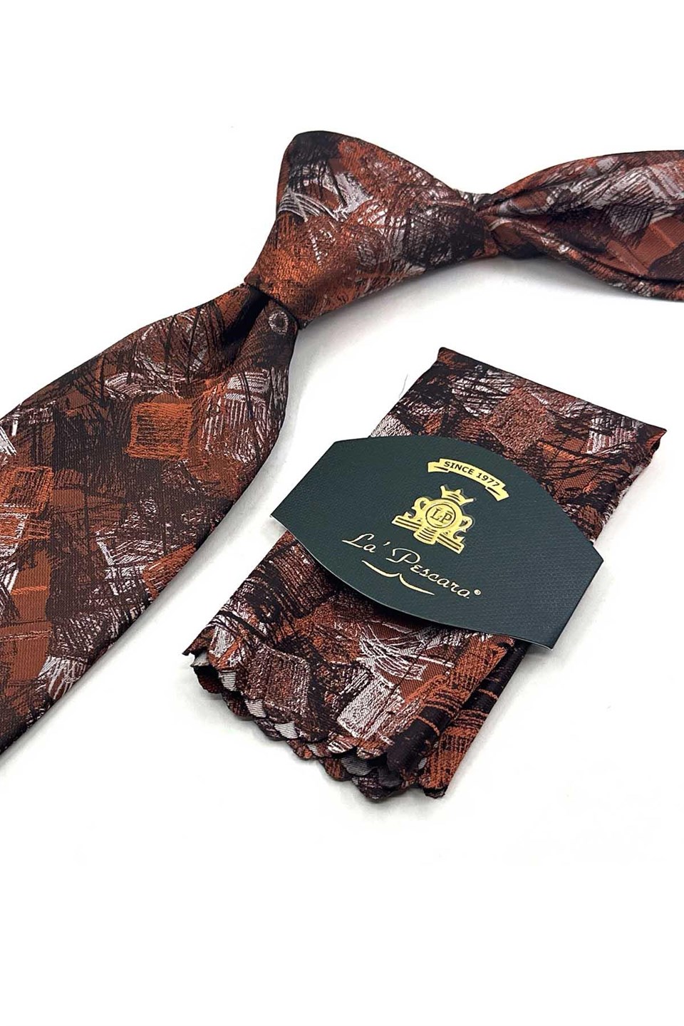 Turuncu Kahve Motif Desen Mendilli Klasik Kravat KK13751