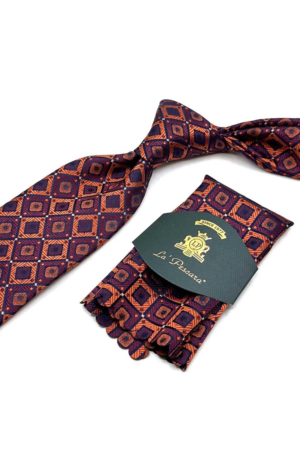 Turuncu Kare Desen Mendilli Klasik Kravat KK12867