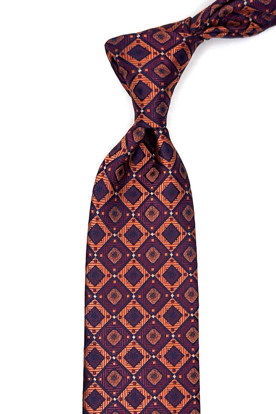Turuncu Kare Desen Mendilli Klasik Kravat KK12867