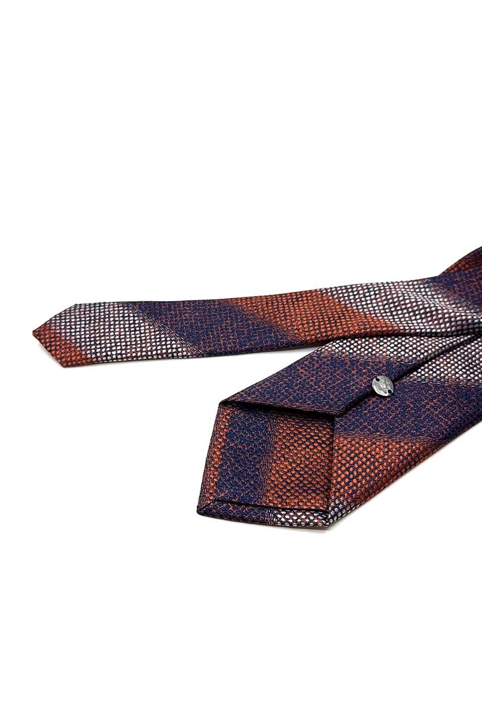 Turuncu - Lacivert Çizgi Desen Mendilli Klasik Kravat KK13073