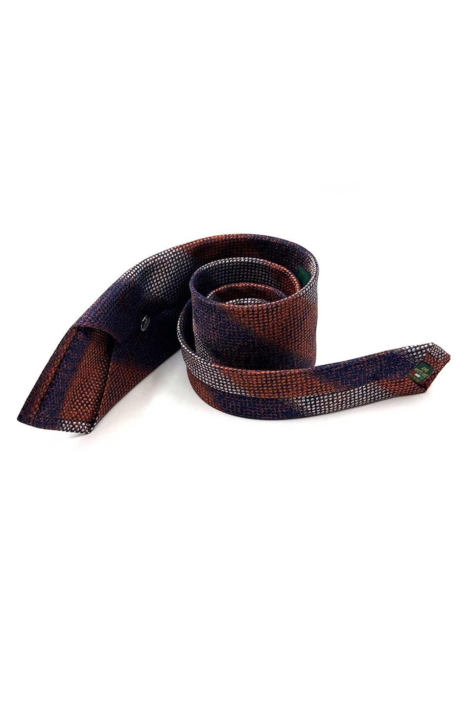 Turuncu - Lacivert Çizgi Desen Mendilli Klasik Kravat KK13073