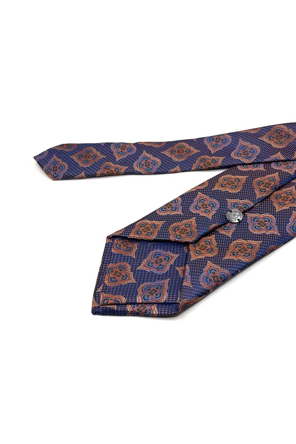 Turuncu - Lacivert Motif Desen Mendilli Klasik Kravat KK13612