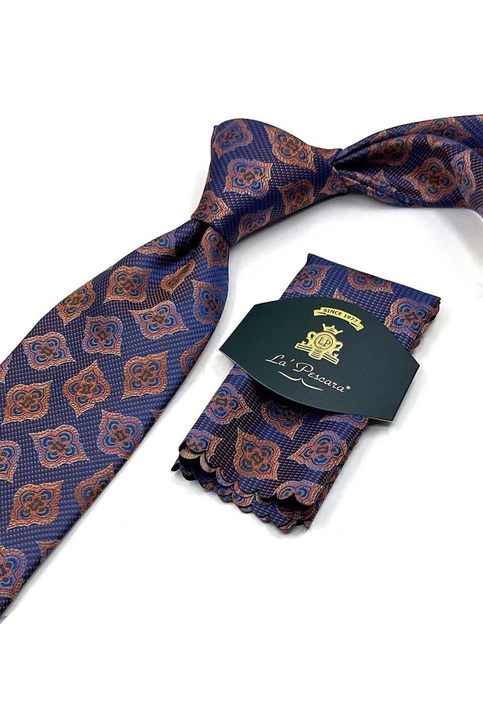 Turuncu - Lacivert Motif Desen Mendilli Klasik Kravat KK13612