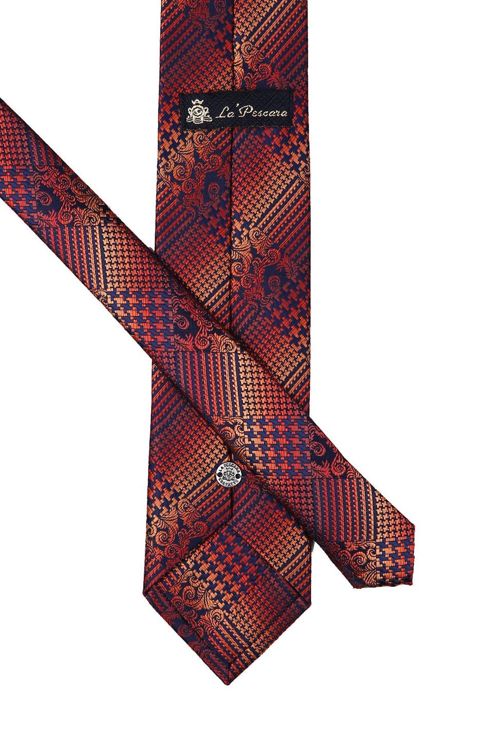 Turuncu - Lacivert Motif Desen Mendilli Klasik Kravat KK9997