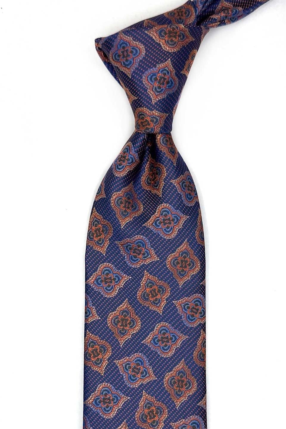 Turuncu - Lacivert Motif Desen Mendilli Klasik Kravat KK13612