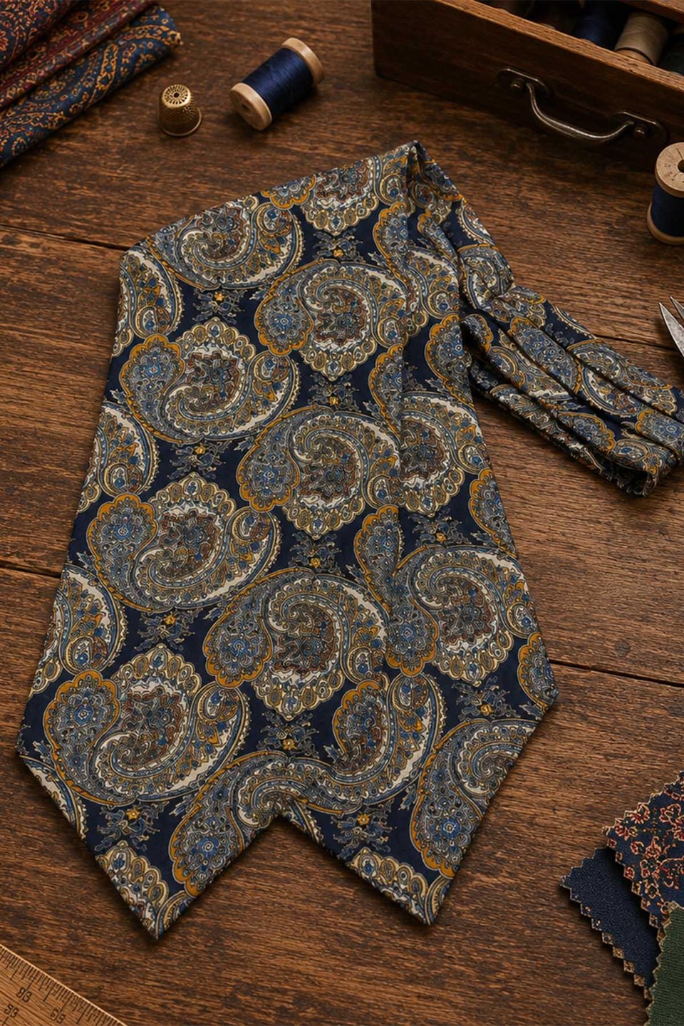Turuncu Lacivert Şal Desen İtalyan İpek Ascot Kravat SAC70