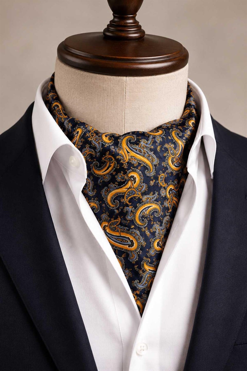 Turuncu Lacivert Şal Desen İtalyan İpek Ascot Kravat SAC144