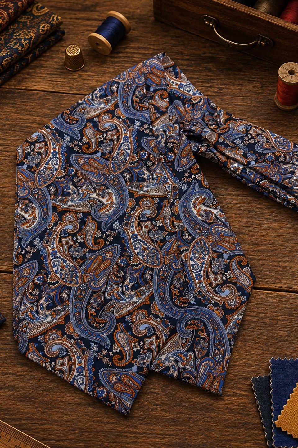 Turuncu Lacivert Şal Desen İtalyan İpek Ascot Kravat SAC73