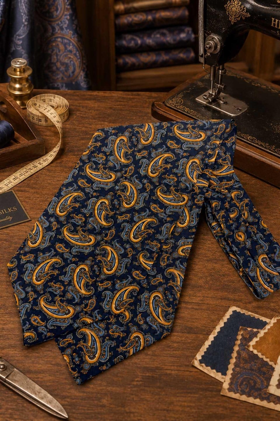 Turuncu Lacivert Şal Desen İtalyan İpek Ascot Kravat SAC144